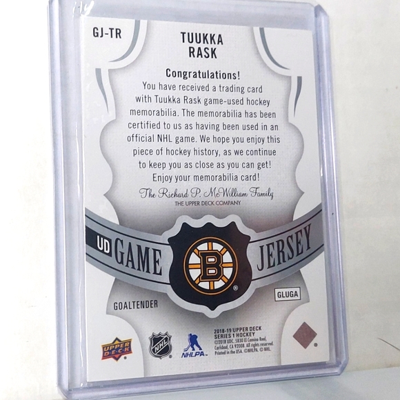 Tuukka Rask Upper Deck Game-Used Jersey Hockey Card Boston Bruins - Picture 2 of 2